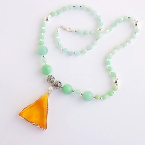 Baltic Amber and Burma Jade Statement Necklace with 925 Sterling Silver - Picture 1 of 7